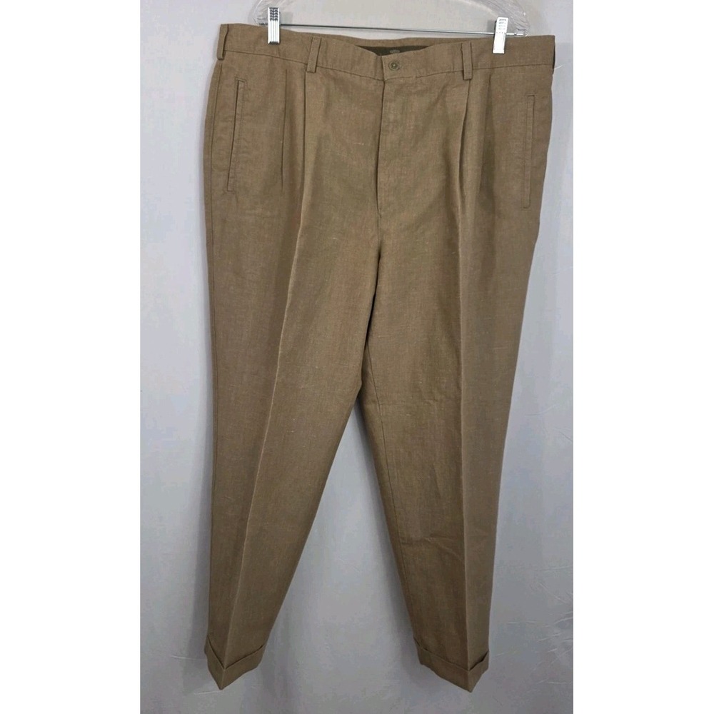 NWOT Savane Mens Pants 42x29 Khaki Linen/Cotton Pleated Cuffed Dress
